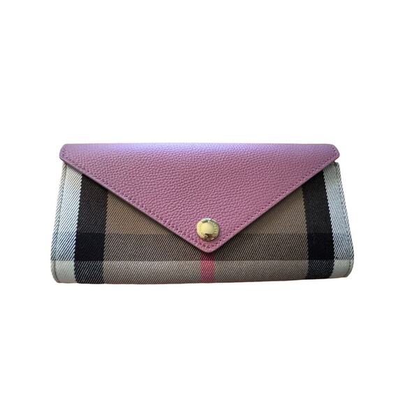 $630 BURBERRY HALTON RED LEATHER Mauve Pink CANVAS FLAP CONTINENTAL WALLET - Picture 2 of 8